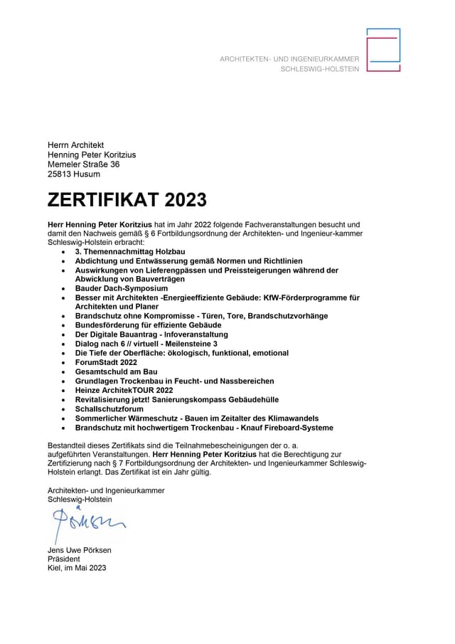Zertifikat Kammer 2023